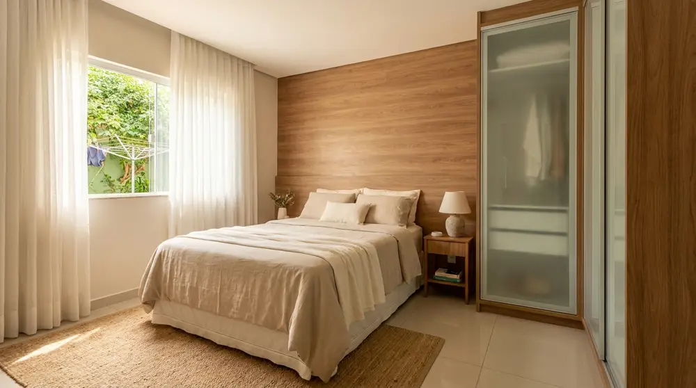 Suíte master com painel de madeira